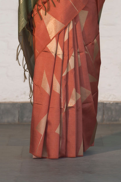 Rust orange Banarasi Raw Silk Saree in Zari Abstract design all over body and palla with contrast Palla and blouse