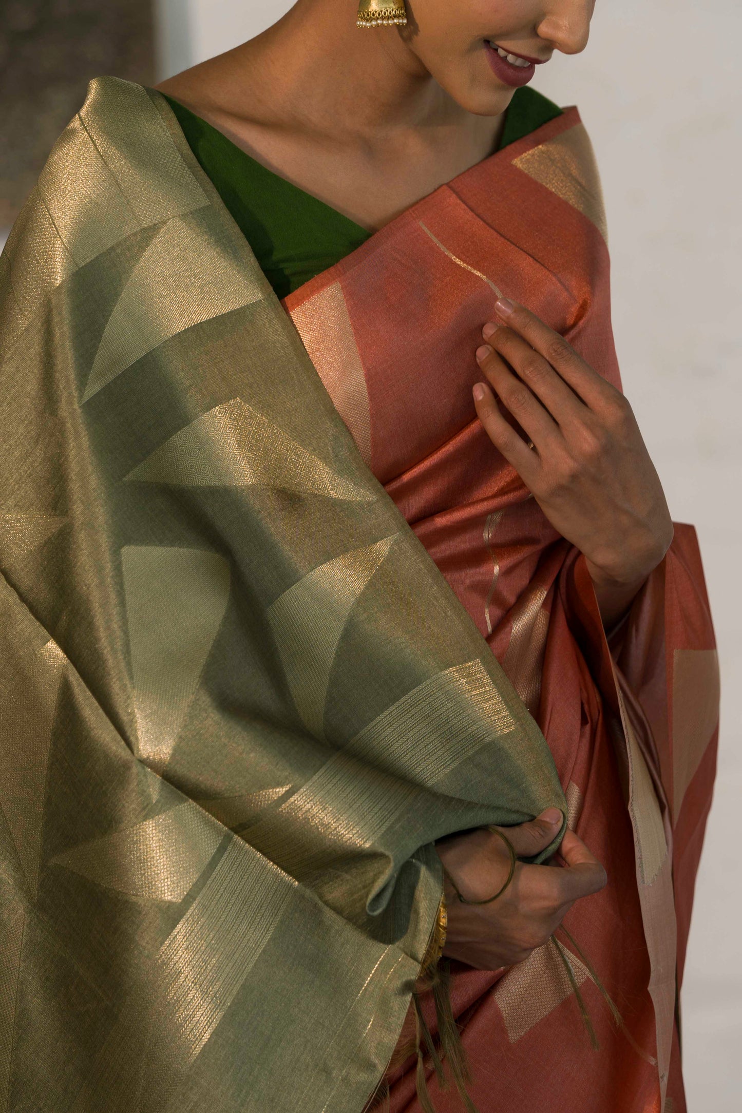 Rust orange Banarasi Raw Silk Saree in Zari Abstract design all over body and palla with contrast Palla and blouse