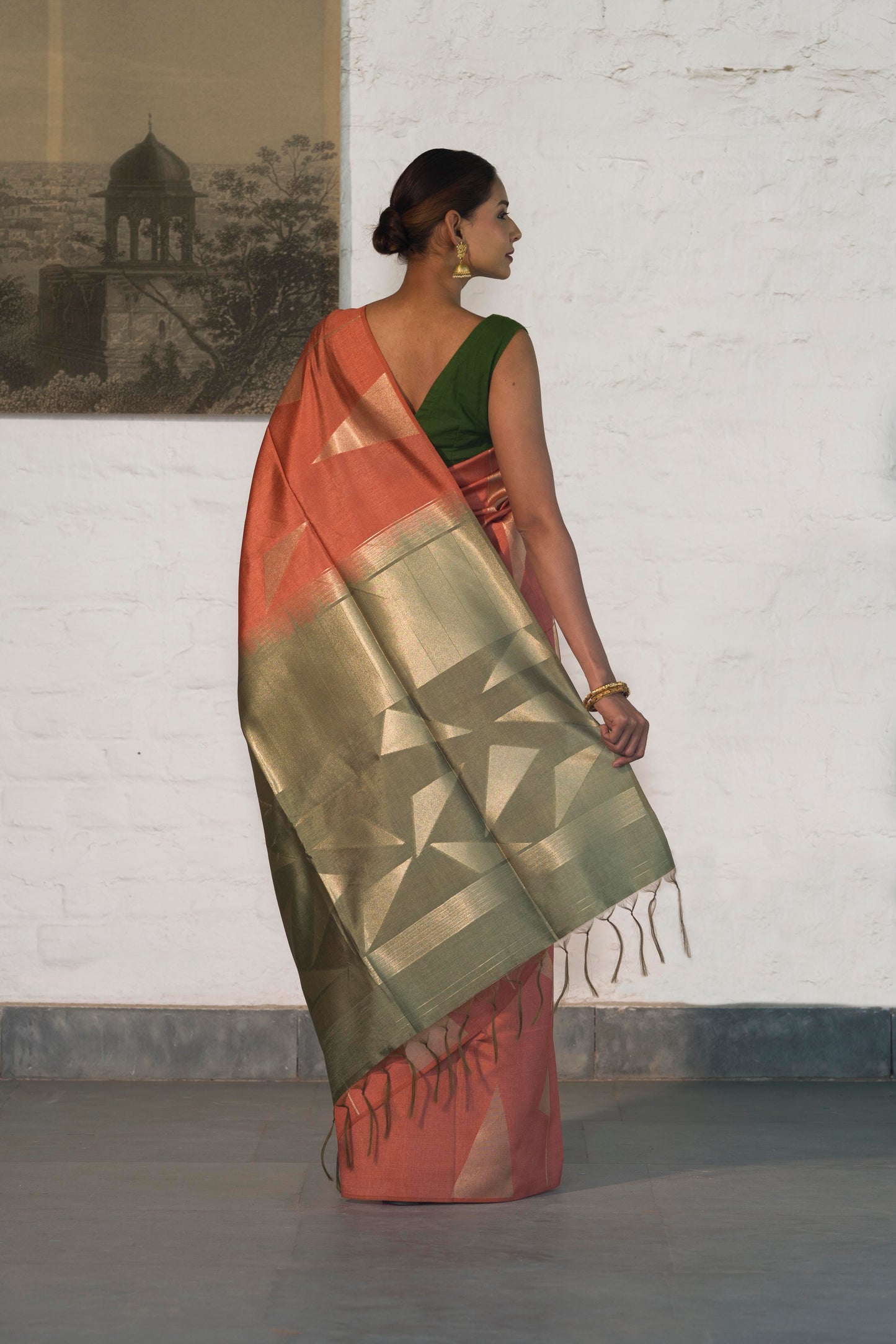 Rust orange Banarasi Raw Silk Saree in Zari Abstract design all over body and palla with contrast Palla and blouse