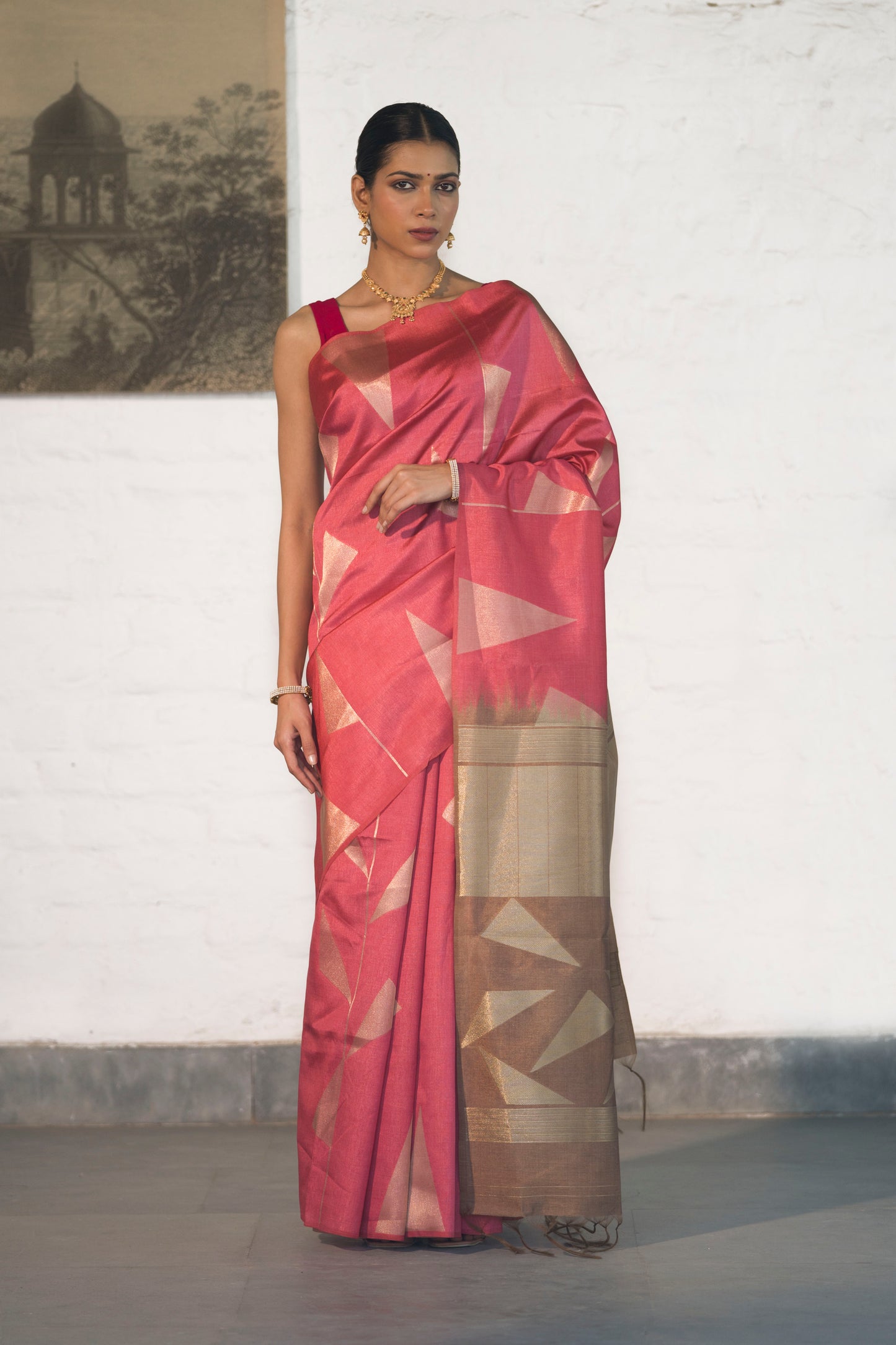 Fushcia Pink Banarasi Raw Silk Saree in Zari Abstract design all over body and palla with contrast Palla and blouse