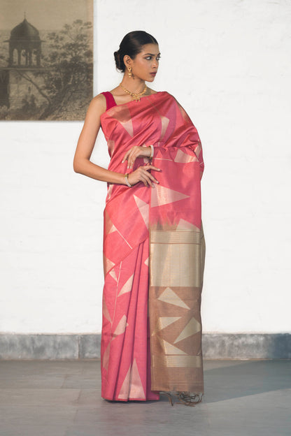 Fushcia Pink Banarasi Raw Silk Saree in Zari Abstract design all over body and palla with contrast Palla and blouse