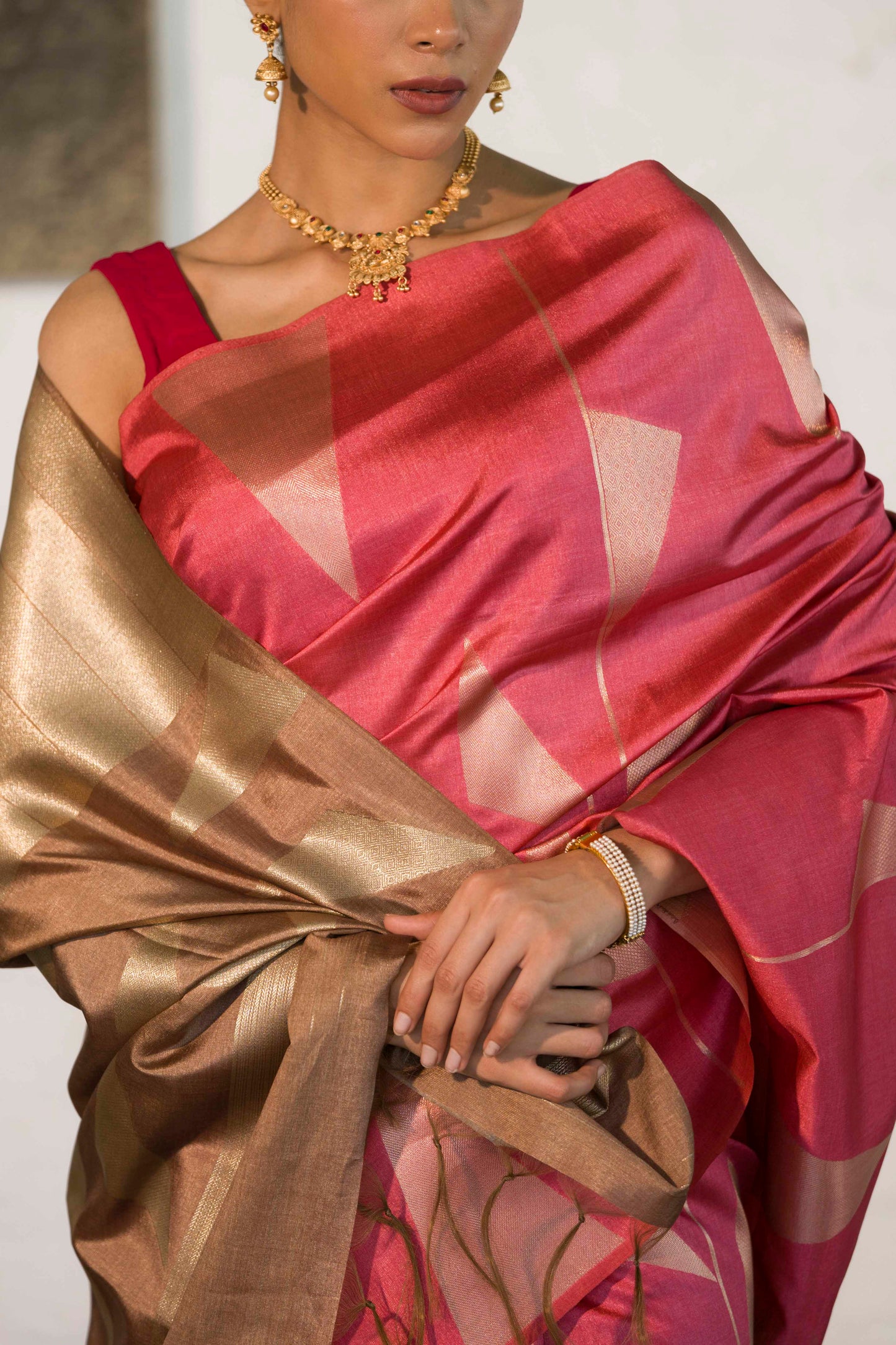Fushcia Pink Banarasi Raw Silk Saree in Zari Abstract design all over body and palla with contrast Palla and blouse