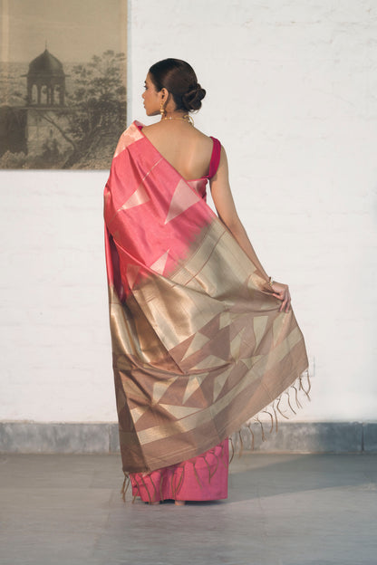 Fushcia Pink Banarasi Raw Silk Saree in Zari Abstract design all over body and palla with contrast Palla and blouse