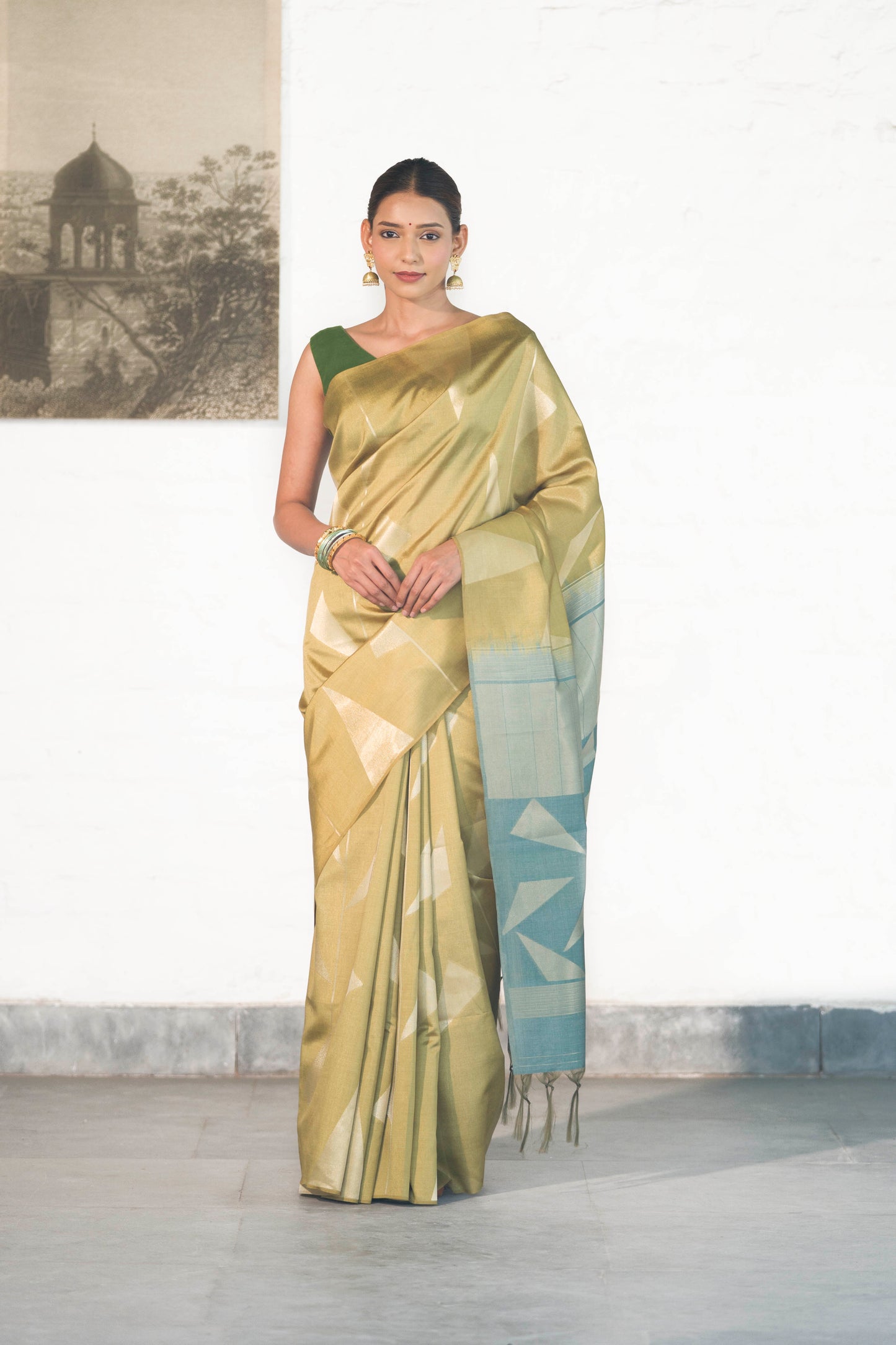 Pista Green Banarasi Raw Silk Saree in Zari Abstract design all over body and palla with contrast Palla and blouse