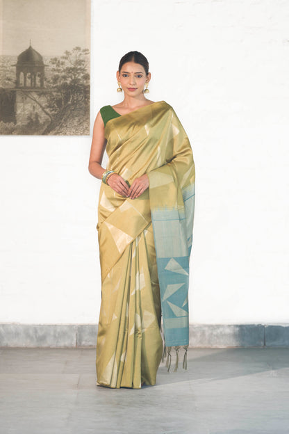 Pista Green Banarasi Raw Silk Saree in Zari Abstract design all over body and palla with contrast Palla and blouse