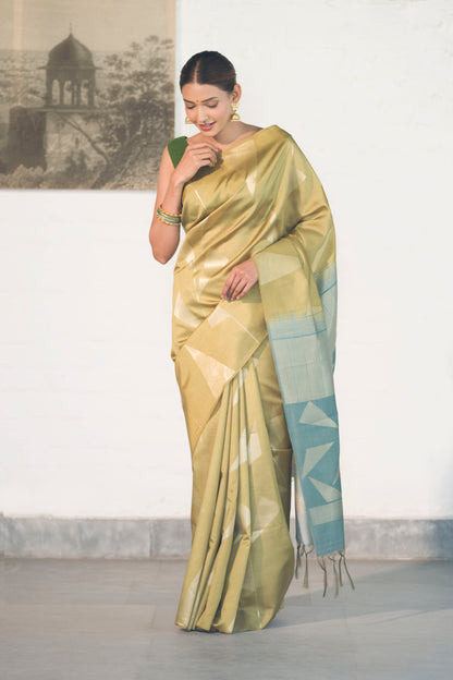 Pista Green Banarasi Raw Silk Saree in Zari Abstract design all over body and palla with contrast Palla and blouse