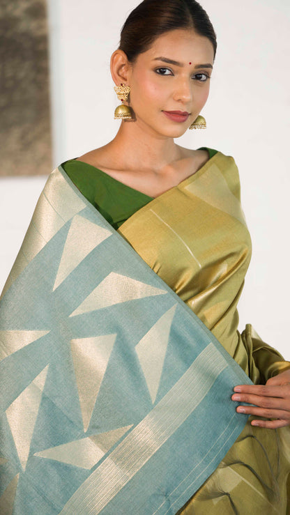 Pista Green Banarasi Raw Silk Saree in Zari Abstract design all over body and palla with contrast Palla and blouse