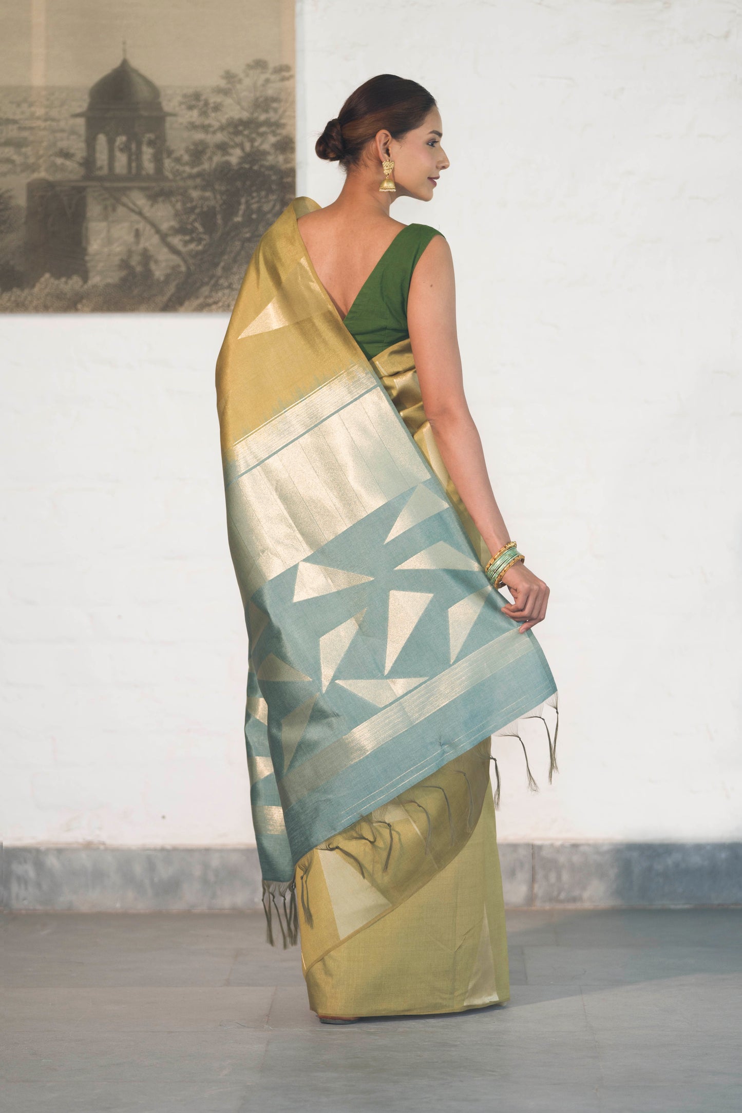 Pista Green Banarasi Raw Silk Saree in Zari Abstract design all over body and palla with contrast Palla and blouse