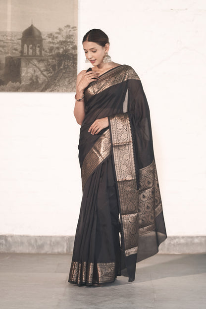Black Plain Blend Silk Saree with traditional border palla and woven blouse