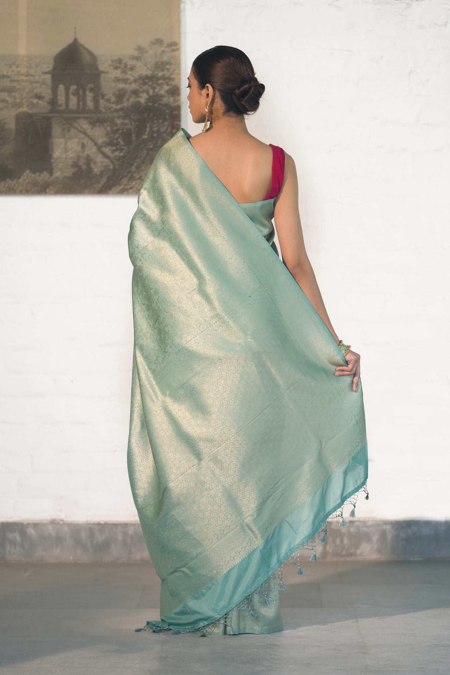 Sea Green Soft Silk Saree Woven in Almond Zari within the Fabric giving smooth texture from in and out