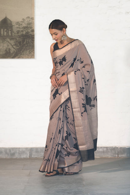 Grey Soft Assam silk in Bold Floral silhouette Digital Print across body and Light Zari Palla