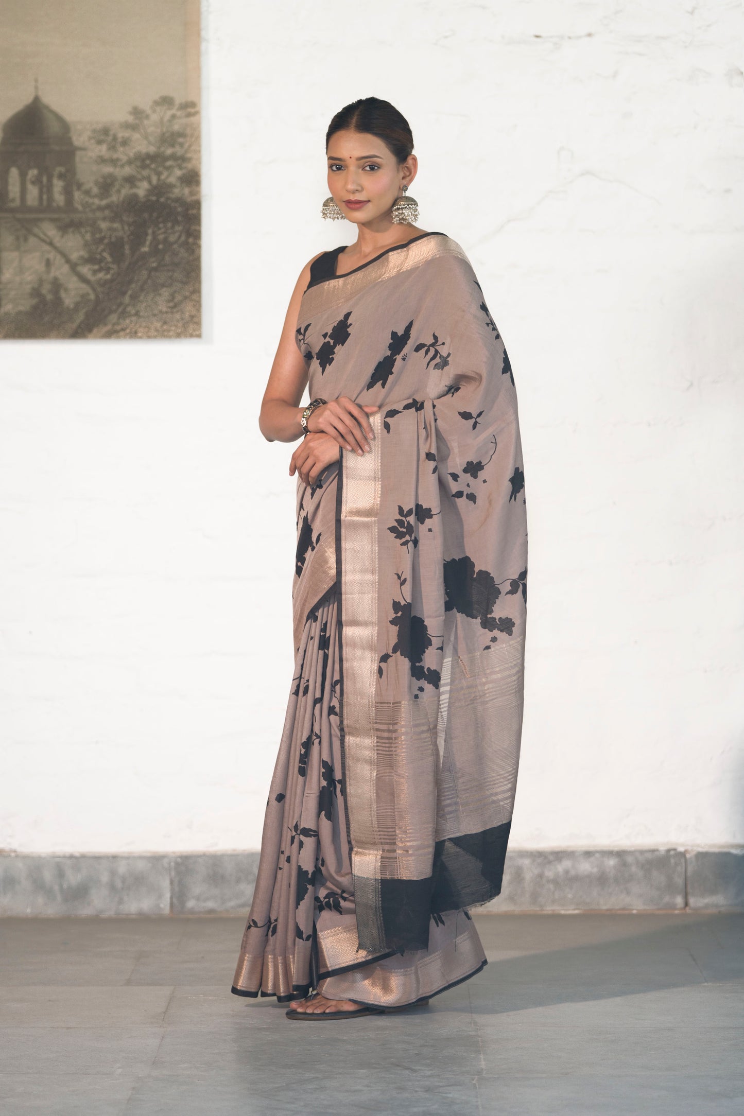 Grey Soft Assam silk in Bold Floral silhouette Digital Print across body and Light Zari Palla