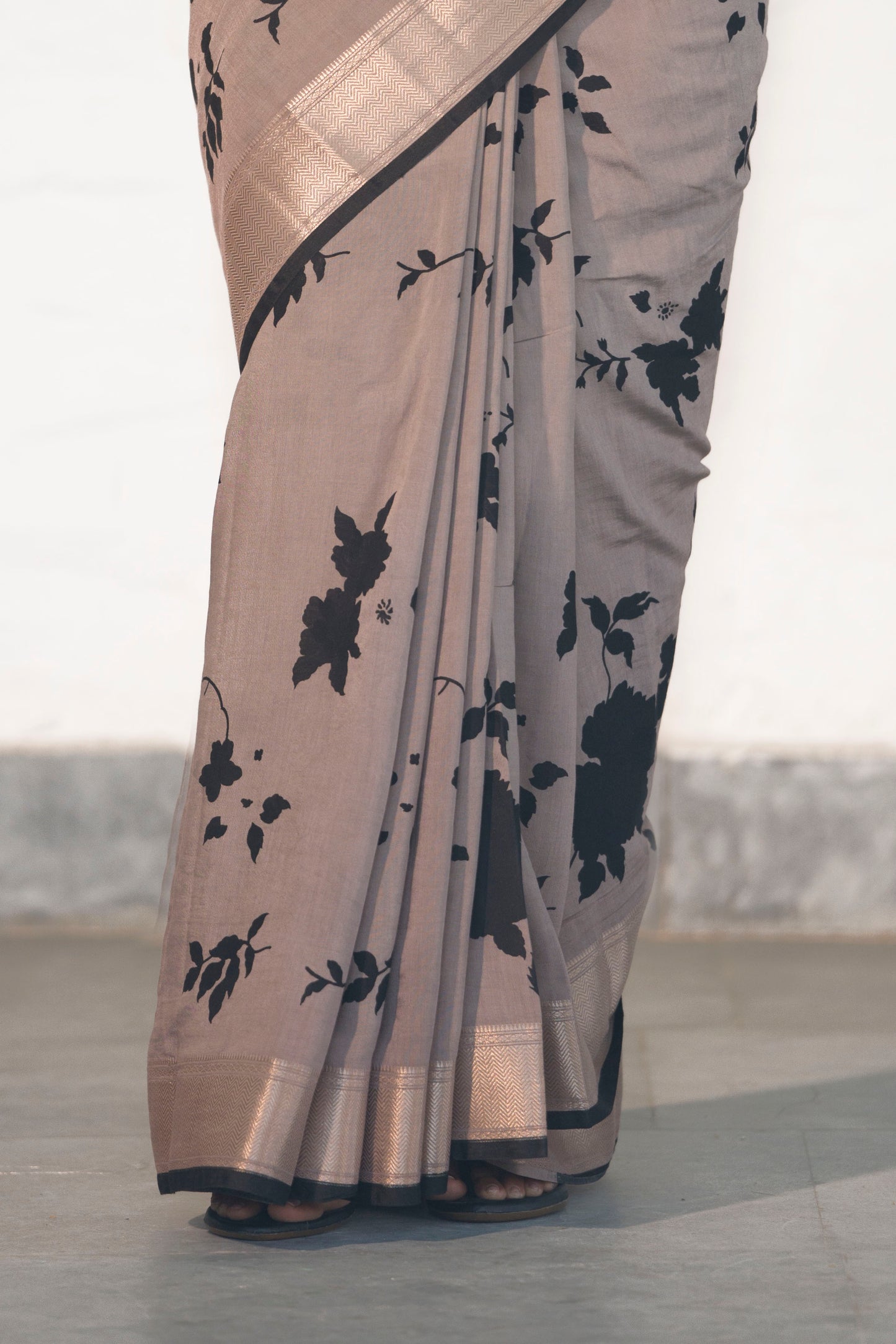 Grey Soft Assam silk in Bold Floral silhouette Digital Print across body and Light Zari Palla