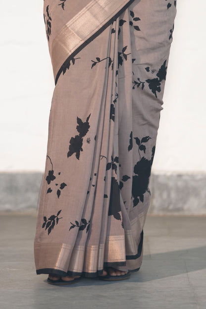 Grey Soft Assam silk in Bold Floral silhouette Digital Print across body and Light Zari Palla