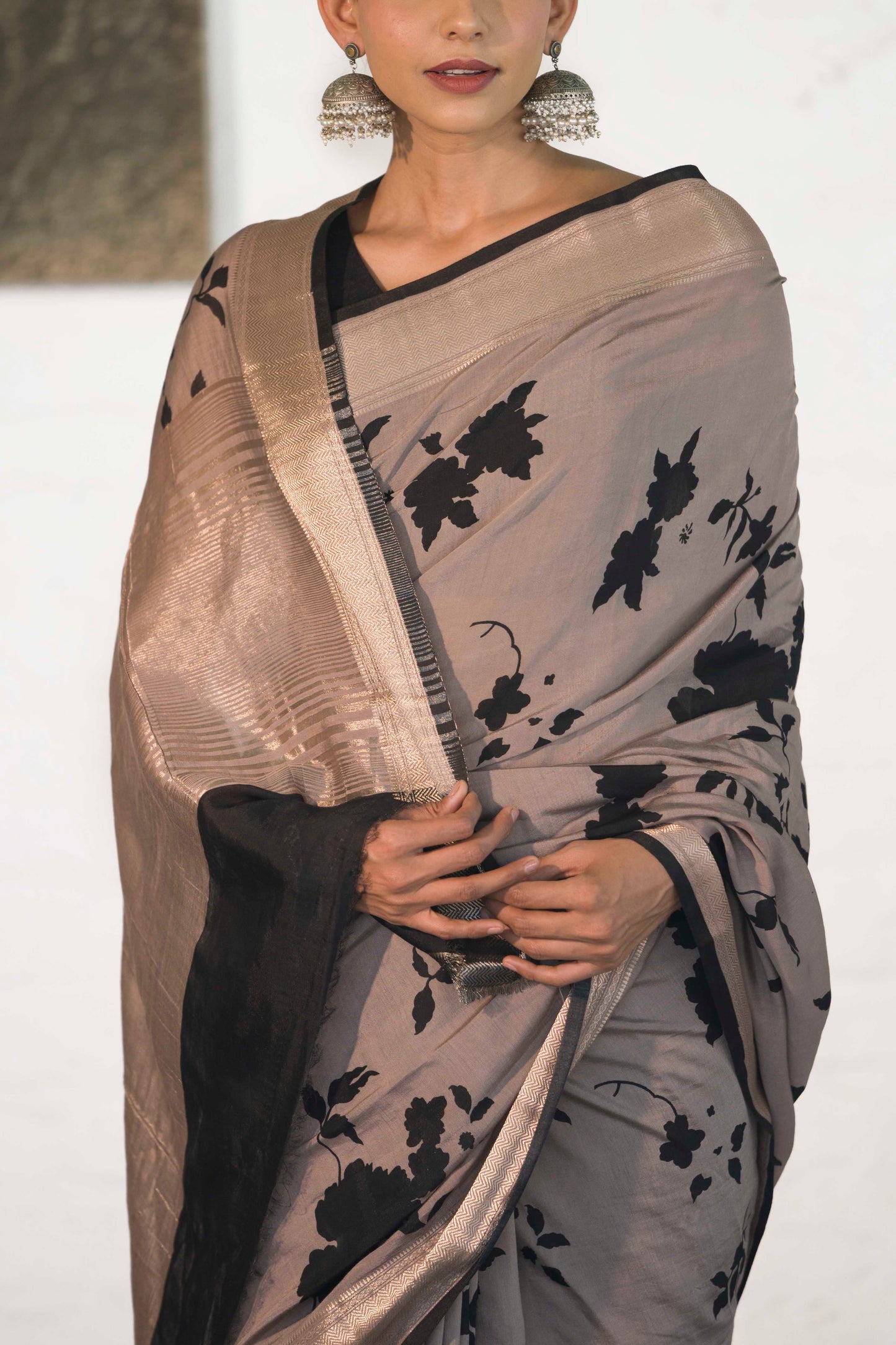 Grey Soft Assam silk in Bold Floral silhouette Digital Print across body and Light Zari Palla