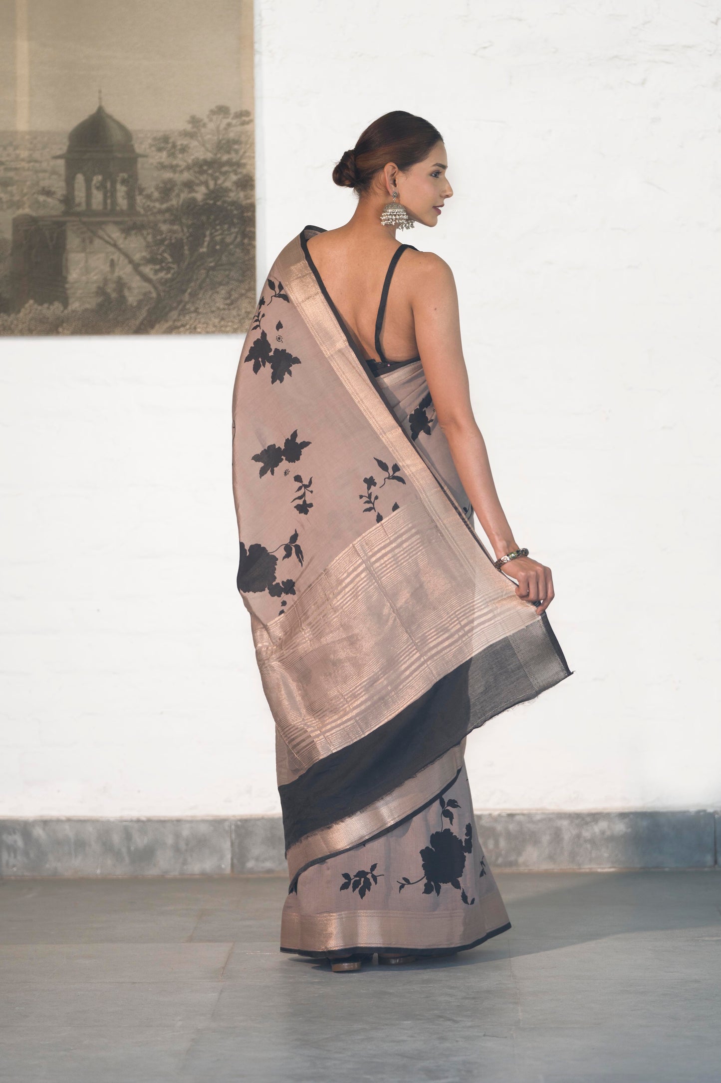 Grey Soft Assam silk in Bold Floral silhouette Digital Print across body and Light Zari Palla