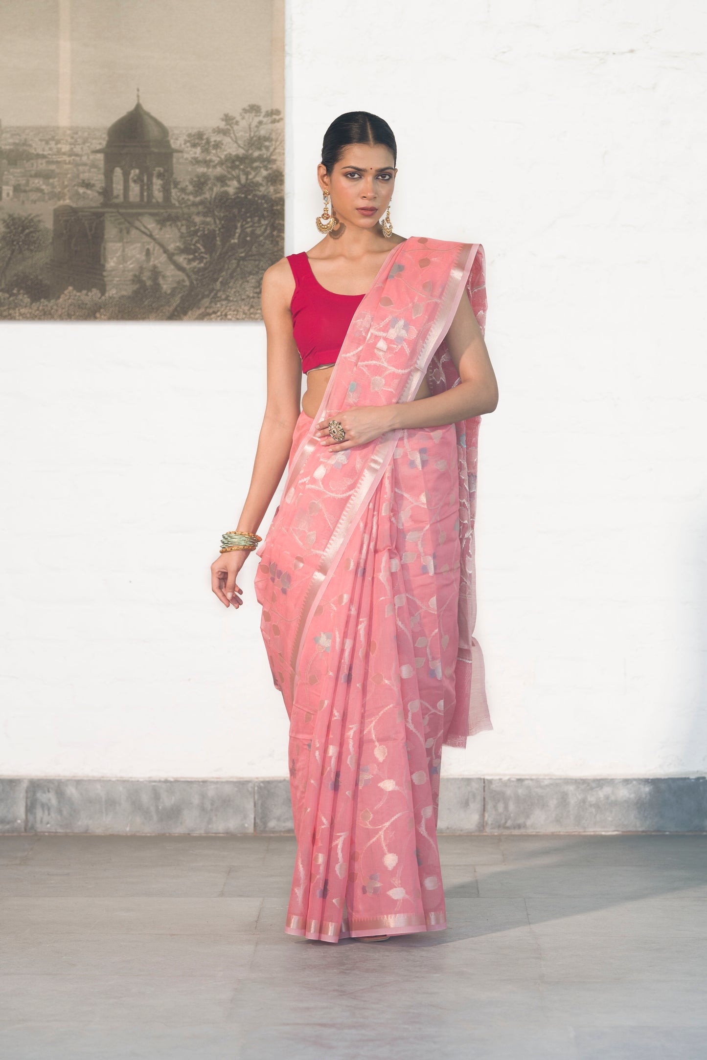 Light Pink Cotton Silk Banarasi Saree woven in Rosegold zari and Resham with Meenakari floral jaal