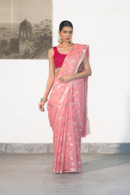 Light Pink Cotton Silk Banarasi Saree woven in Rosegold zari and Resham with Meenakari floral jaal