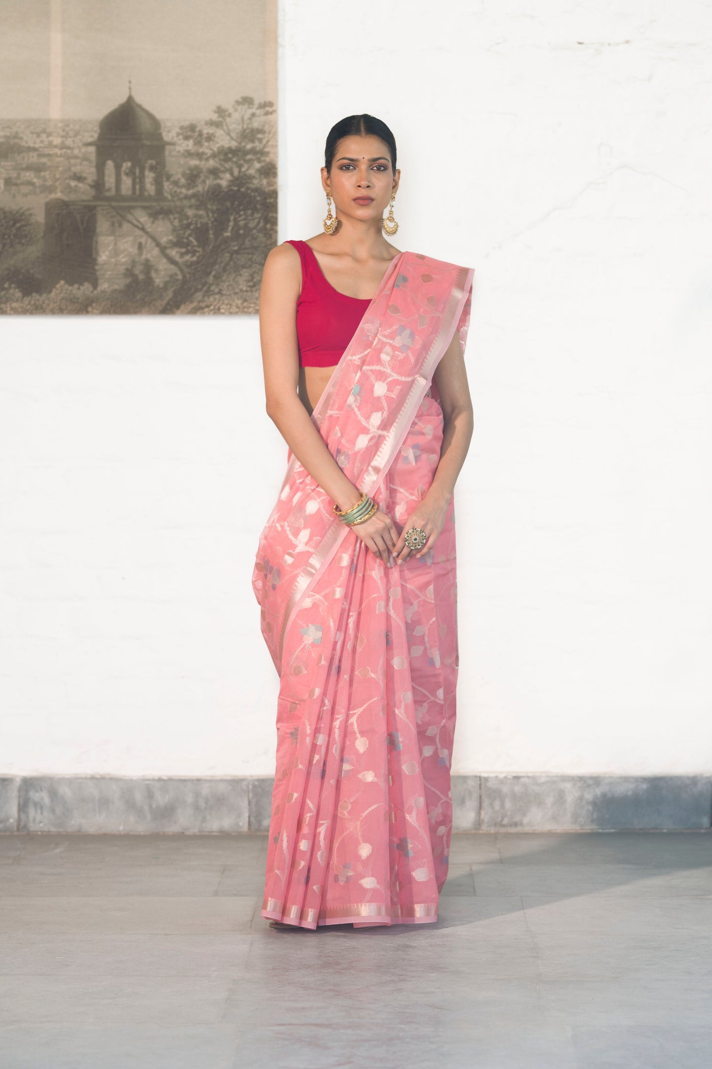 Light Pink Cotton Silk Banarasi Saree woven in Rosegold zari and Resham with Meenakari floral jaal