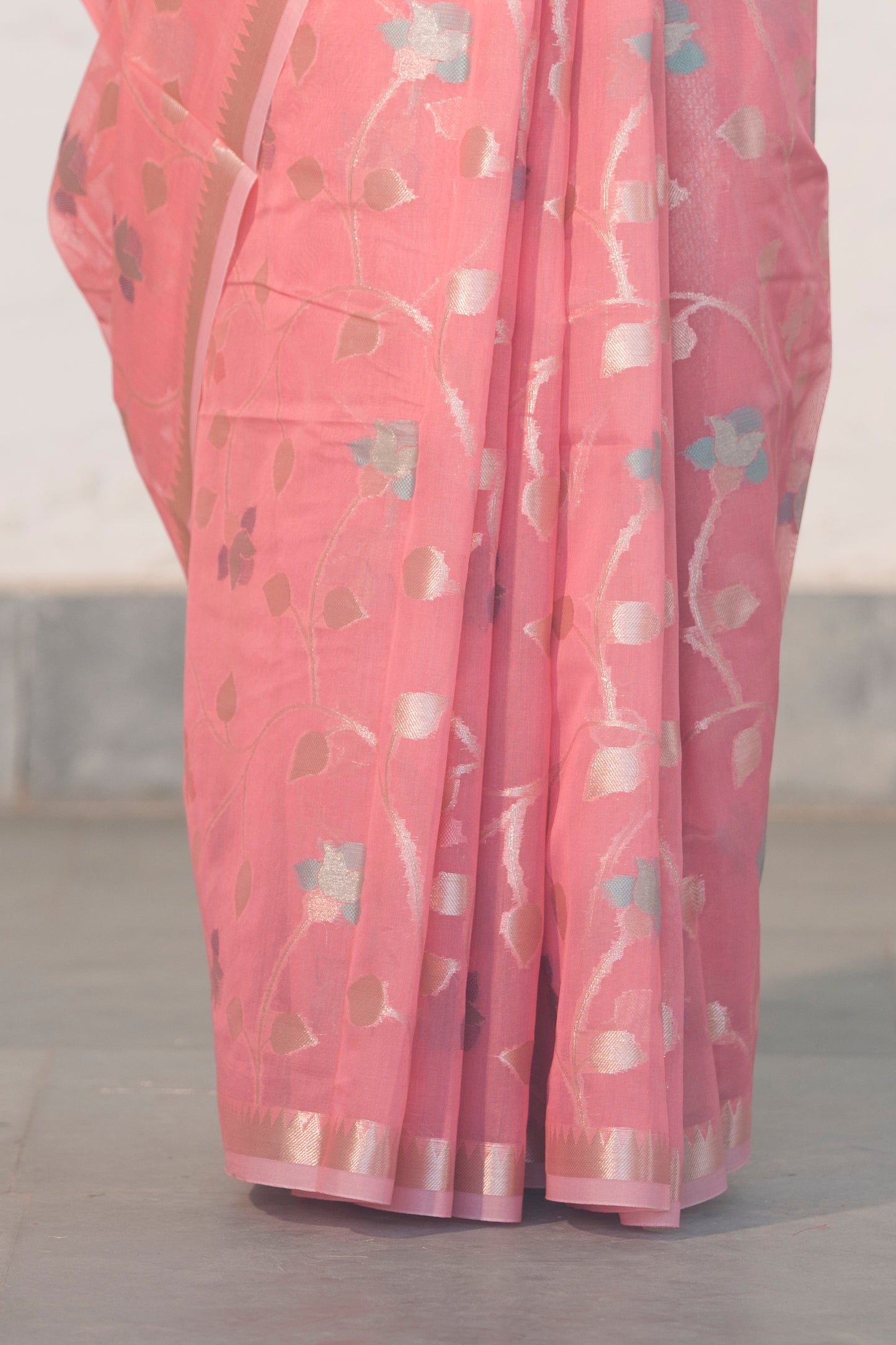 Light Pink Cotton Silk Banarasi Saree woven in Rosegold zari and Resham with Meenakari floral jaal