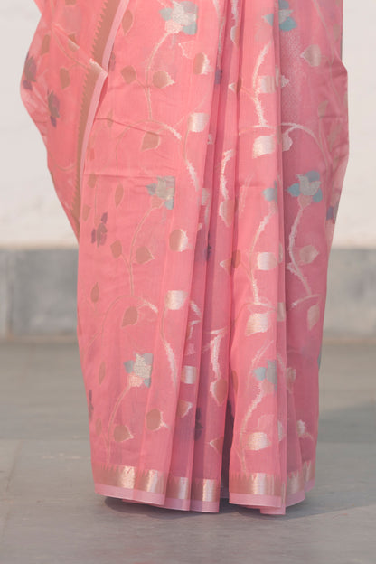 Light Pink Cotton Silk Banarasi Saree woven in Rosegold zari and Resham with Meenakari floral jaal