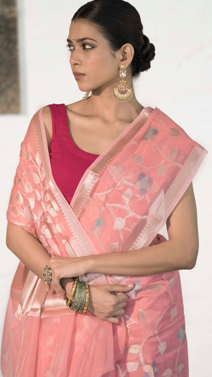 Light Pink Cotton Silk Banarasi Saree woven in Rosegold zari and Resham with Meenakari floral jaal