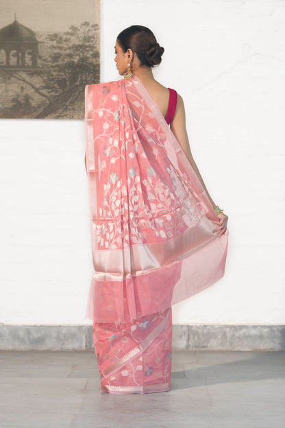 Light Pink Cotton Silk Banarasi Saree woven in Rosegold zari and Resham with Meenakari floral jaal