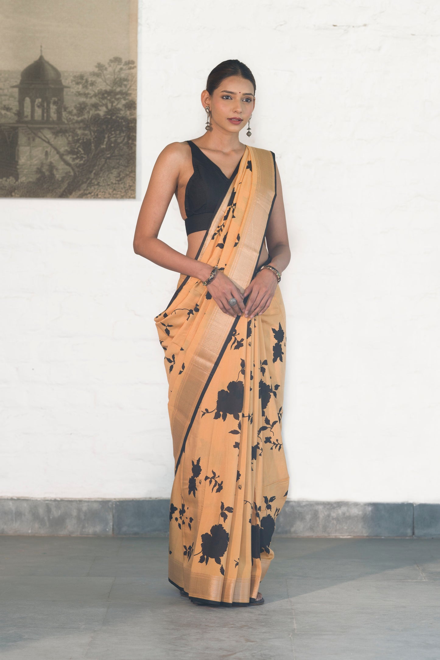 Mustard Yellow Soft Assam silk in Bold Floral silhouette Digital Print across body and Light Zari Palla