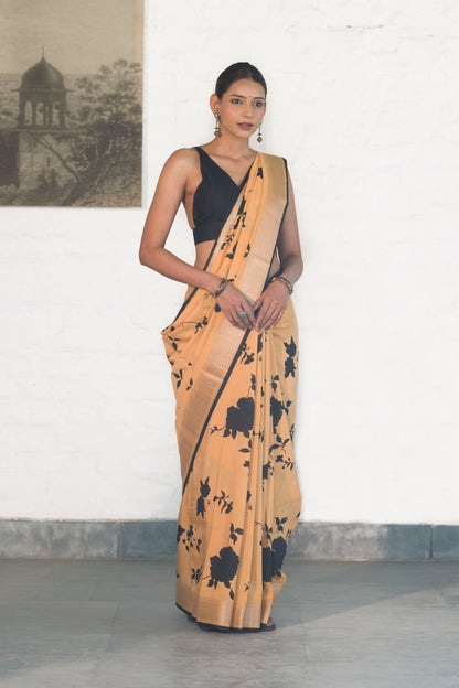 Mustard Yellow Soft Assam silk in Bold Floral silhouette Digital Print across body and Light Zari Palla