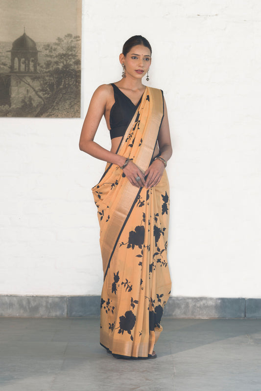 Mustard Yellow Soft Assam silk in Bold Floral silhouette Digital Print across body and Light Zari Palla