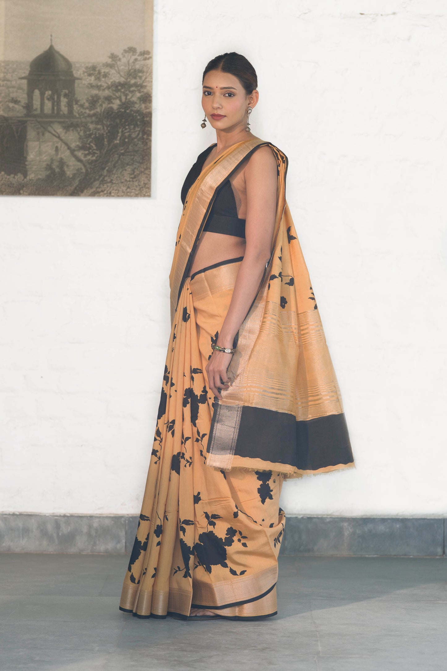 Mustard Yellow Soft Assam silk in Bold Floral silhouette Digital Print across body and Light Zari Palla