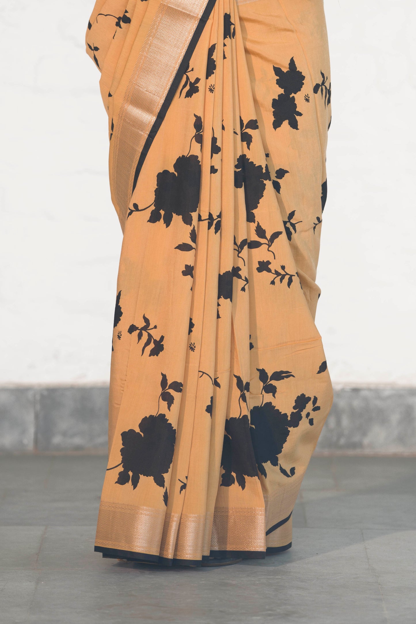 Mustard Yellow Soft Assam silk in Bold Floral silhouette Digital Print across body and Light Zari Palla