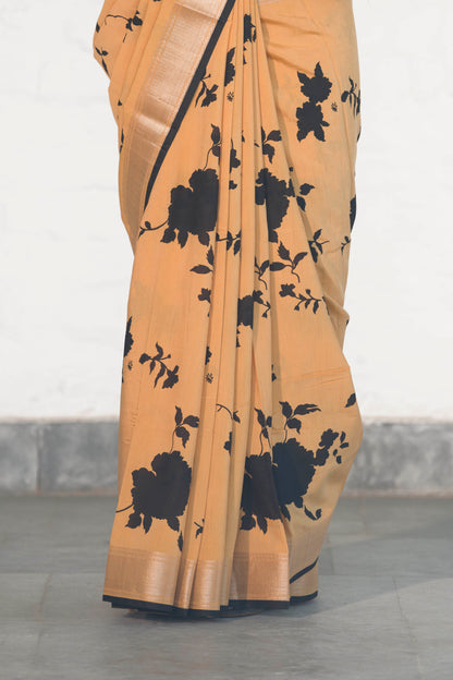 Mustard Yellow Soft Assam silk in Bold Floral silhouette Digital Print across body and Light Zari Palla