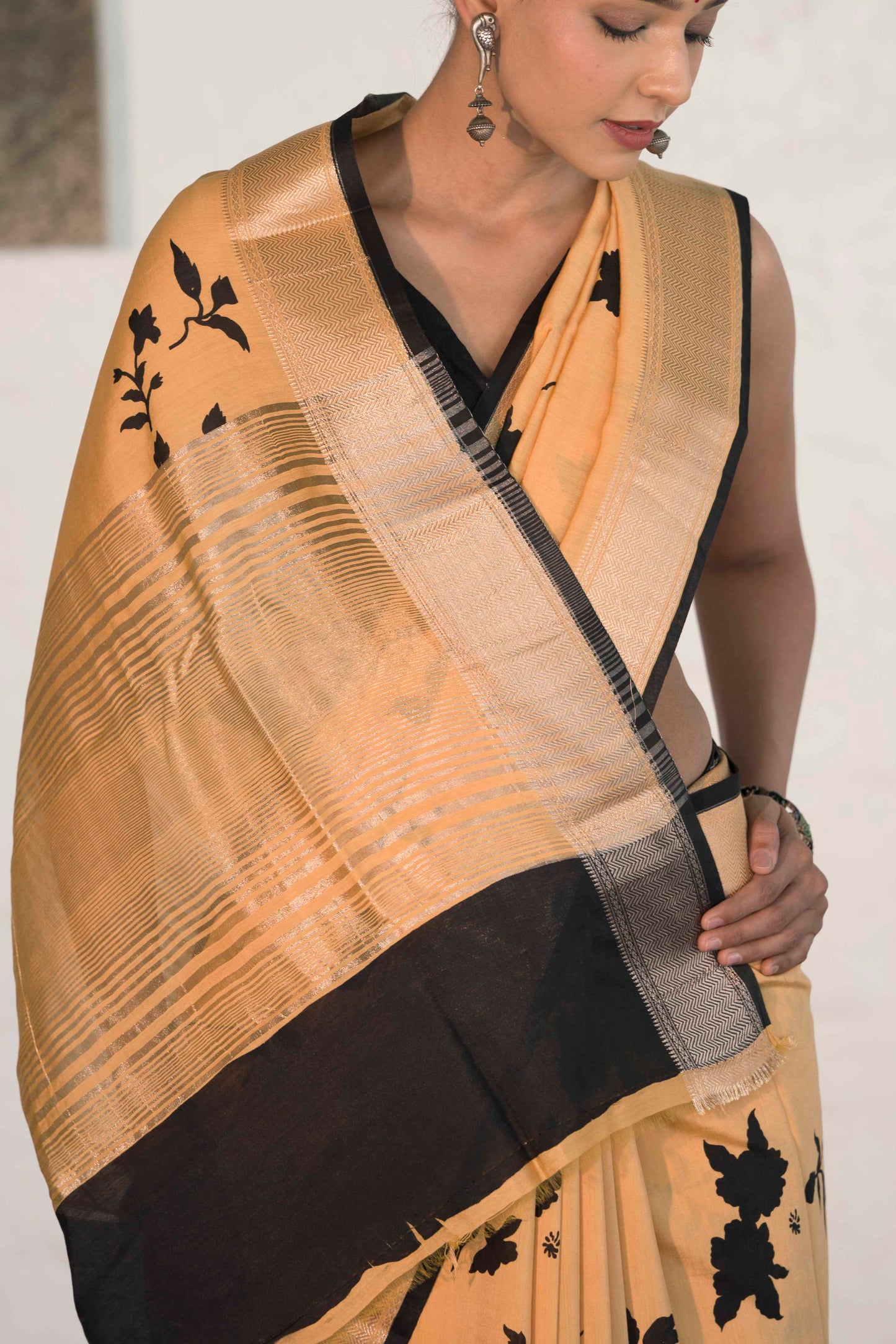 Mustard Yellow Soft Assam silk in Bold Floral silhouette Digital Print across body and Light Zari Palla