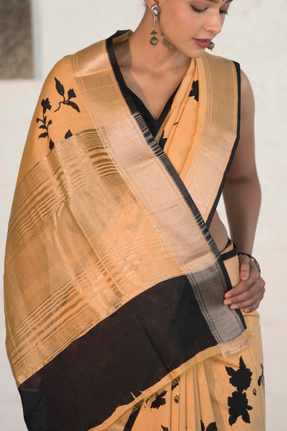Mustard Yellow Soft Assam silk in Bold Floral silhouette Digital Print across body and Light Zari Palla