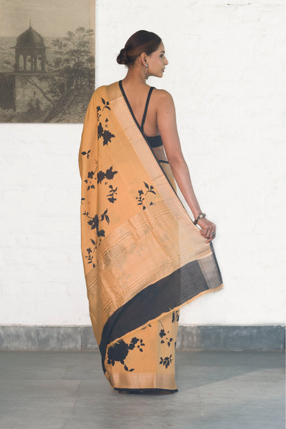 Mustard Yellow Soft Assam silk in Bold Floral silhouette Digital Print across body and Light Zari Palla