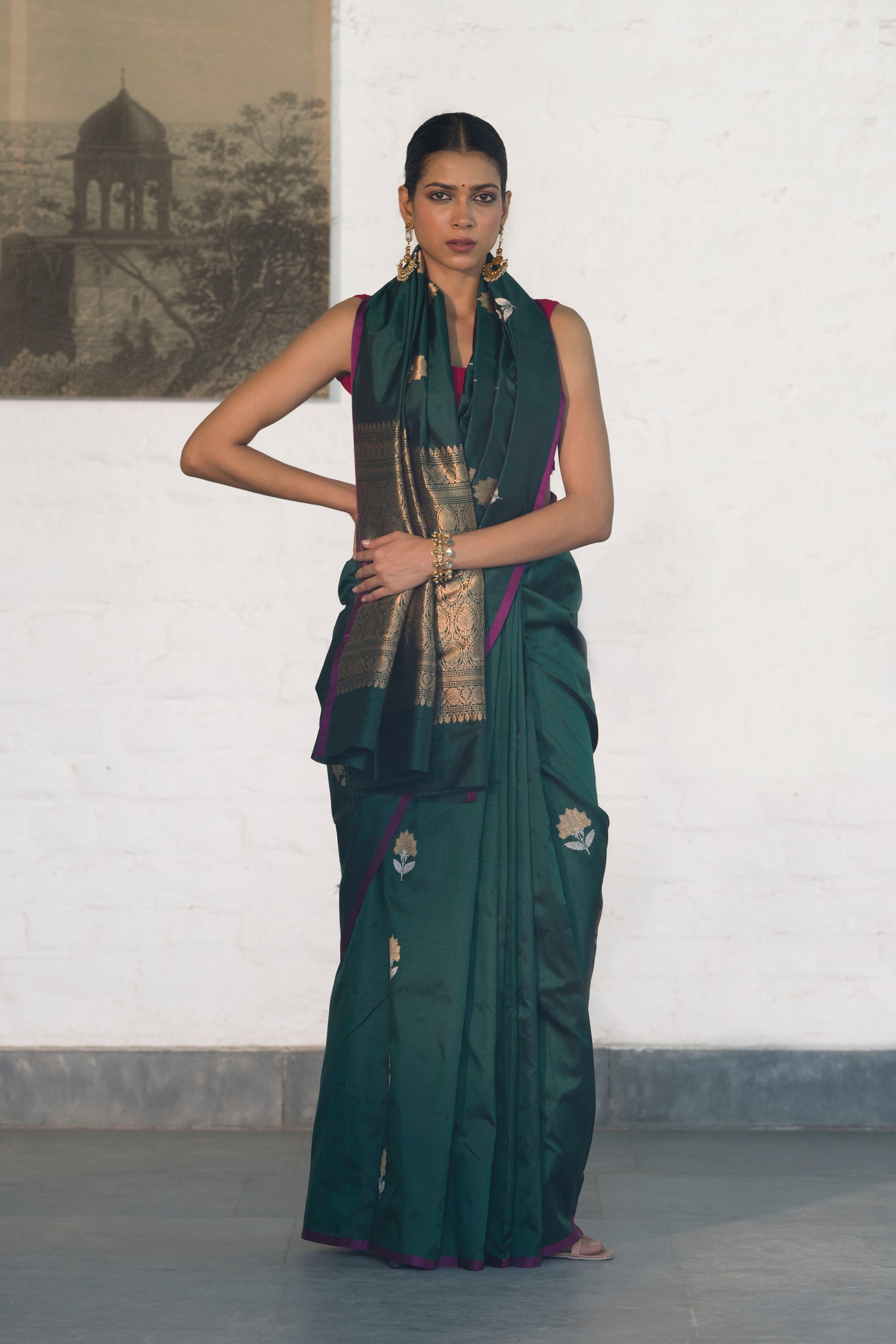Bottle Green Pure Katan Banarasi Silk Saree with Sona Rupa Motifs and Golden Zari Palla