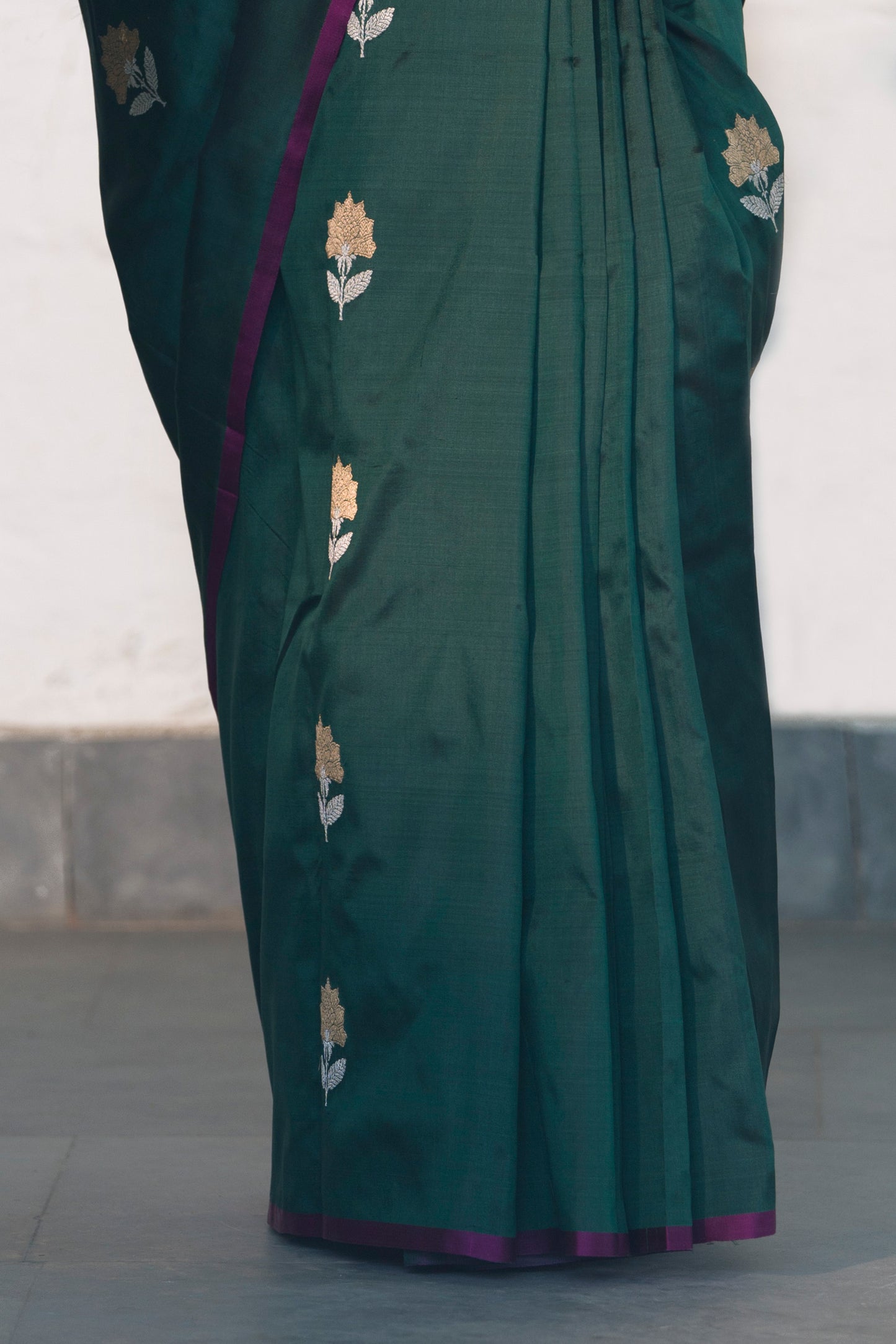 Bottle Green Pure Katan Banarasi Silk Saree with Sona Rupa Motifs and Golden Zari Palla