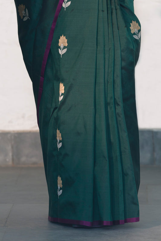 Bottle Green Pure Katan Banarasi Silk Saree with Sona Rupa Motifs and Golden Zari Palla