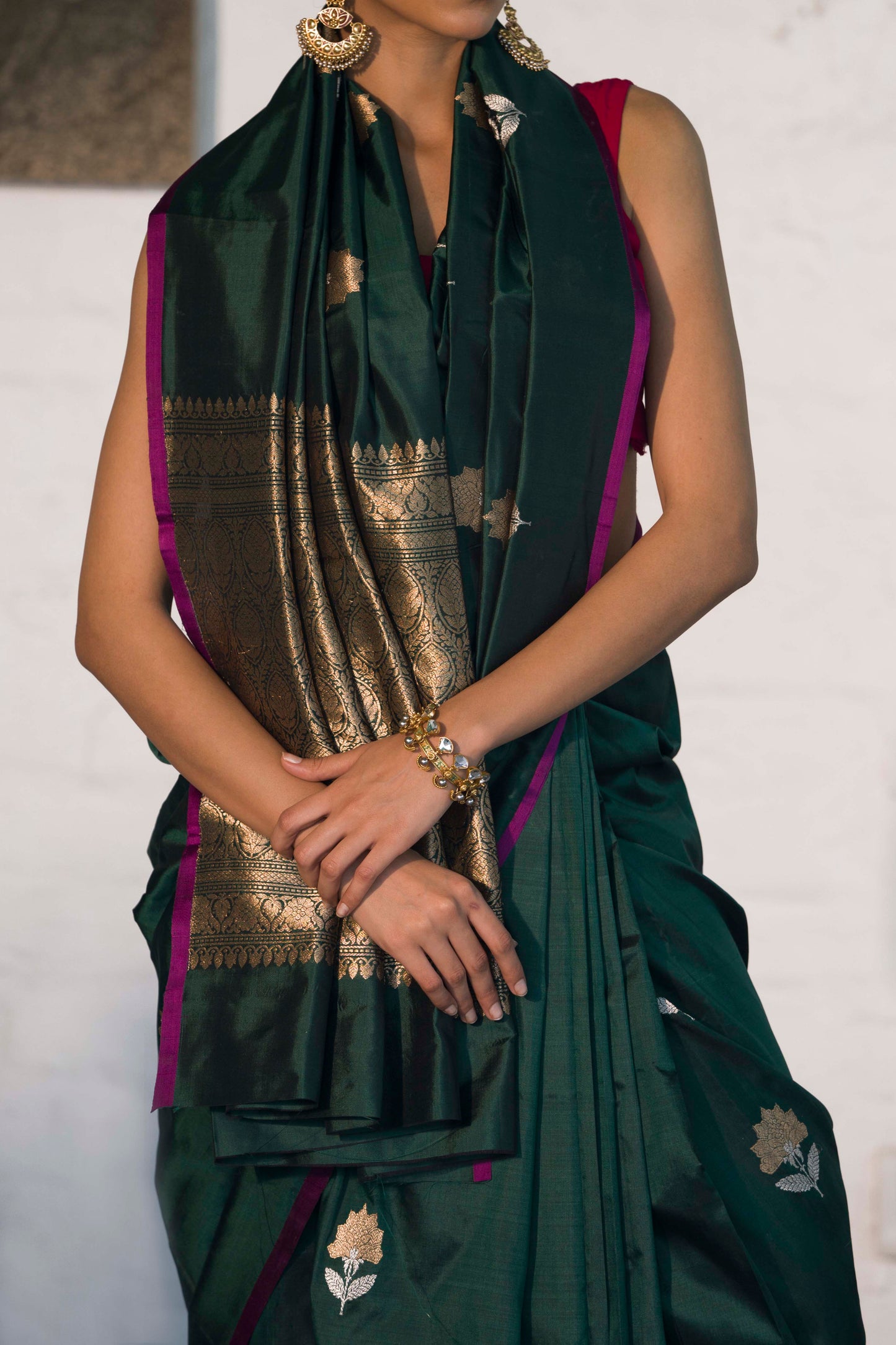 Bottle Green Pure Katan Banarasi Silk Saree with Sona Rupa Motifs and Golden Zari Palla