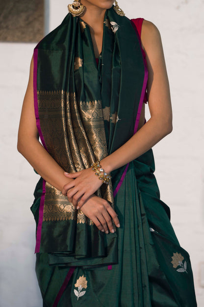 Bottle Green Pure Katan Banarasi Silk Saree with Sona Rupa Motifs and Golden Zari Palla