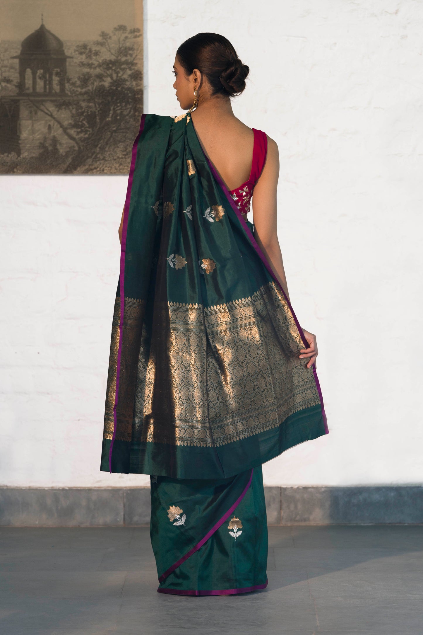 Bottle Green Pure Katan Banarasi Silk Saree with Sona Rupa Motifs and Golden Zari Palla
