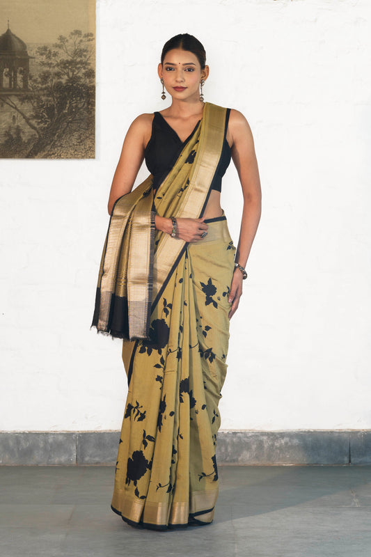 Dusty Green Soft Assam silk in Bold Floral silhouette Digital Print across body and Light Zari Palla