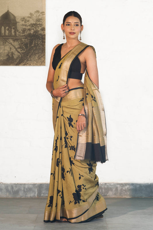 Dusty Green Soft Assam silk in Bold Floral silhouette Digital Print across body and Light Zari Palla