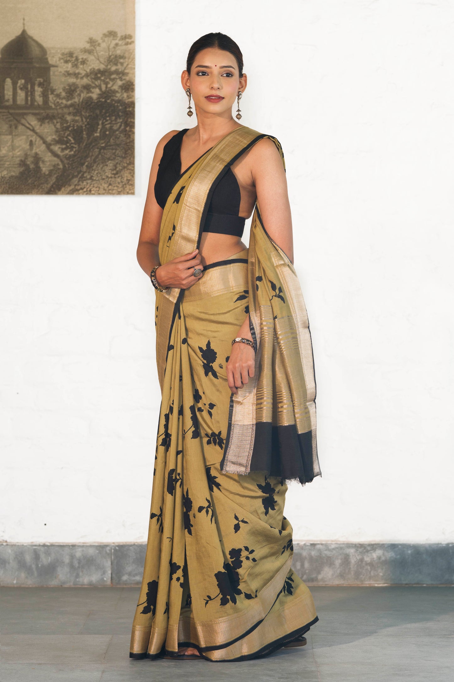 Dusty Green Soft Assam silk in Bold Floral silhouette Digital Print across body and Light Zari Palla