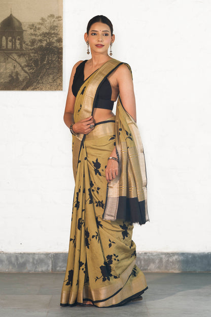 Dusty Green Soft Assam silk in Bold Floral silhouette Digital Print across body and Light Zari Palla