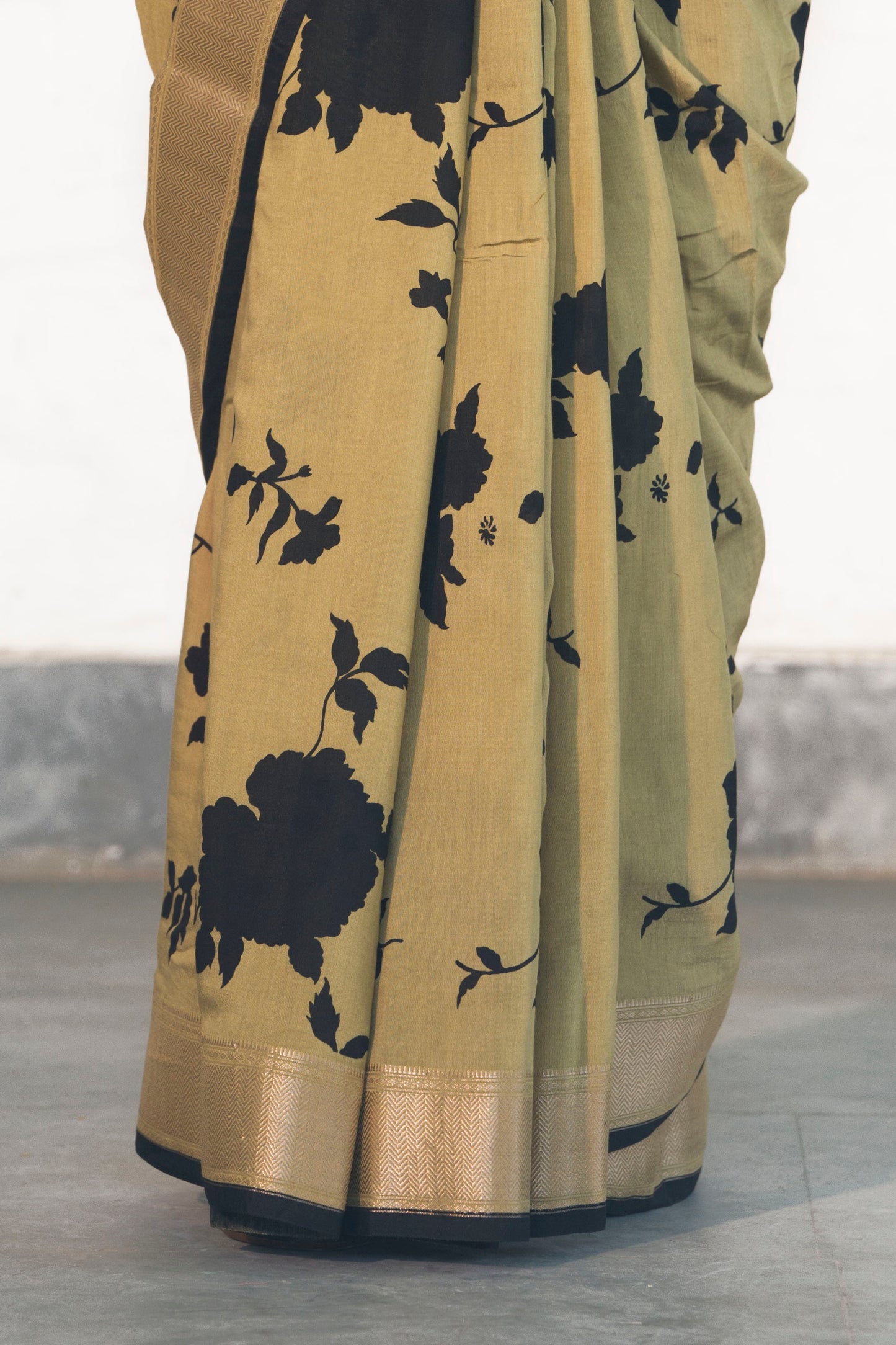Dusty Green Soft Assam silk in Bold Floral silhouette Digital Print across body and Light Zari Palla