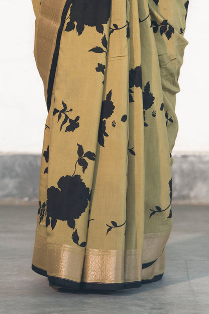 Dusty Green Soft Assam silk in Bold Floral silhouette Digital Print across body and Light Zari Palla