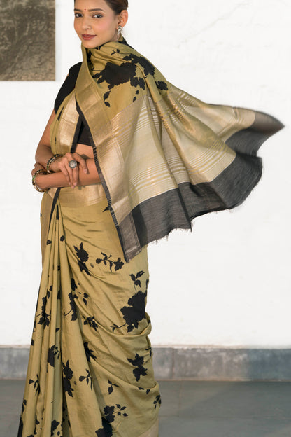 Dusty Green Soft Assam silk in Bold Floral silhouette Digital Print across body and Light Zari Palla