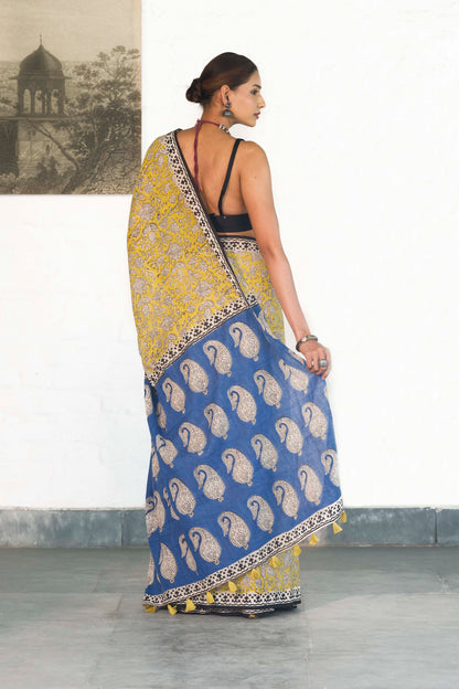 Yellow Mul Cotton Saree with Kalamkari handblock print and contrast handblock palla accesorised with tassels